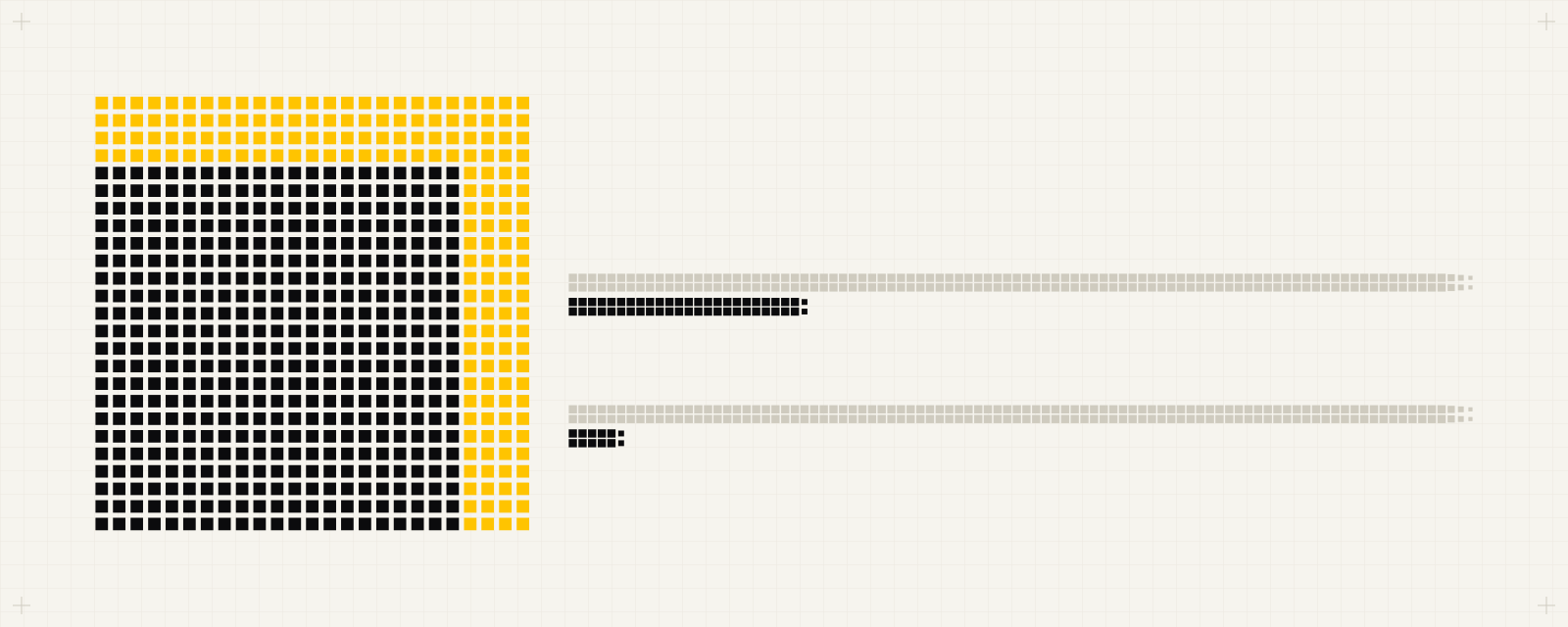 Cover art: a large ink block of squares wrapped in a yellow L-shaped band that marks the 28% cut, beside two pairs of thin before-and-after bars