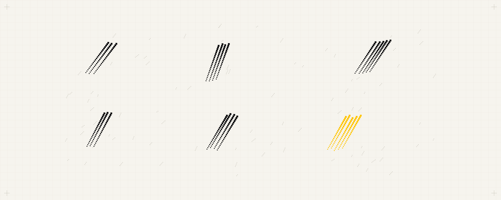 Cover art: six clusters of diagonal scratch marks made of small squares, five in ink and one in yellow