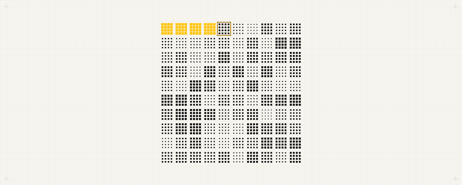 Cover art: a 10 by 10 wall of square-matrix pack tiles in shades of ink, the first four solid yellow and the fifth framed