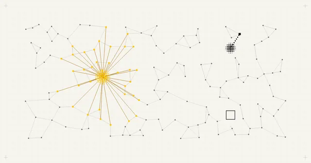 Cover art: a network of small square nodes; a yellow hub linked to 36 yellow nodes, an ink node with one link, and an empty square frame with none