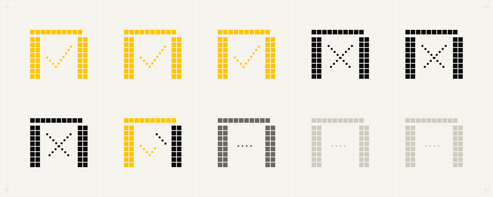 Cover art: ten gates built from squares in two rows: three yellow with check marks, three ink with crosses, one half yellow and three faint